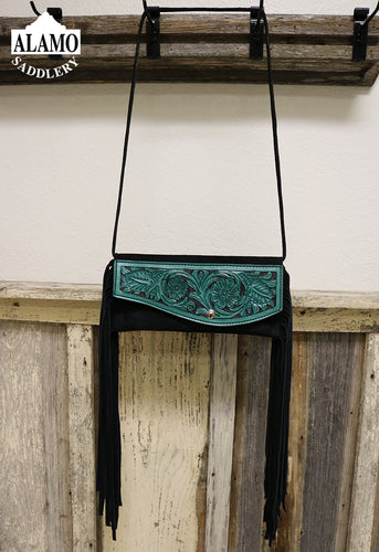 Black fringe Handbag With Turquoise Floral Tooling