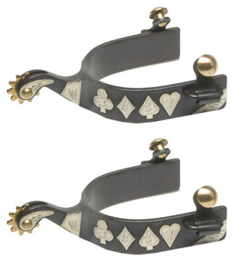 Black Steel Spurs with engraved German silver playing card trim, 1-1/4" brass 10-point rowel, and brass buttons.