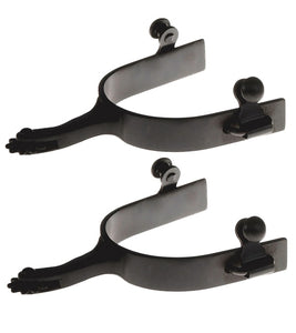 Black Steel Side Rowel Spurs with 3/4" smooth band, 2" shank, and 1" 10-point rowel for precision, control, and durability.