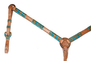 1" Breast Collar – Natural Harness Leather with Teal Braiding & Spanish Lace offers durability and style.