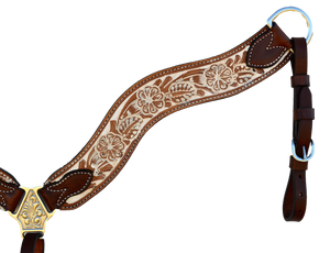 Wave Style Breast Collar Rough-Out Floral Tooled with Rustic Finish features chocolate leather and ivory accents for a durable, stylish fit.