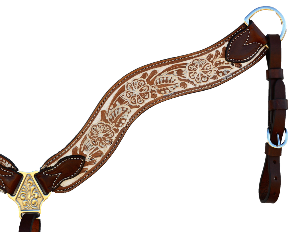 Wave Style Breast Collar Rough-Out Floral Tooled with Rustic Finish features chocolate leather and ivory accents for a durable, stylish fit.