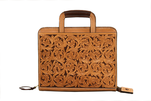 Golden Leather Briefcase With Mini Floral Tooling