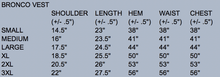 Load image into Gallery viewer, Sizing chart for Bronco Canvas Vest showing chest, waist, and length measurements for a perfect fit.&quot;