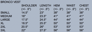 Sizing chart for Bronco Canvas Vest showing chest, waist, and length measurements for a perfect fit."