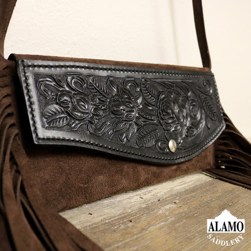 Brown Fringe Handbag With Black Floral Tooling