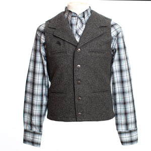 Men's Buckaroo Wool Vest in 22oz Australian wool with western yoke, lapel collar, and satin lining for comfort.