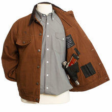 Load image into Gallery viewer, Canvas jacket by Chisum featuring hidden holsters, adjustable cuffs, and magazine holders for secure concealed carry