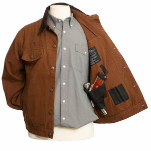 Canvas jacket by Chisum featuring hidden holsters, adjustable cuffs, and magazine holders for secure concealed carry