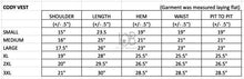 Load image into Gallery viewer, Sizing chart for the Cody Concealed Carry Vest, displaying measurements for a perfect fit in various sizes