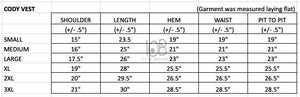 Sizing chart for the Cody Concealed Carry Vest, displaying measurements for a perfect fit in various sizes