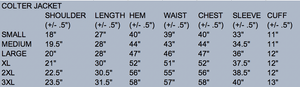 Sizing chart for Colter Soft Shell Jacket showing chest, waist, and length measurements for accurate fit.