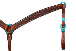 Contour Breast Collar – Toast Leather TTBS Tooling & Spanish Lace features detailed tooling, turquoise Buckstitch, and Spanish lace for a secure fit.