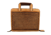 Load image into Gallery viewer, Cowboy Briefcase in golden and chocolate leather with intricate snowflake tooling for a stylish look.