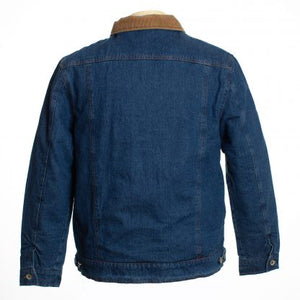 Durable Denim Coat with fleece lining, corduroy collar, and quilted sleeves for a rugged, stylish look.