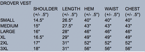 Sizing chart for the Drover Concealed Carry Leather Vest, detailing measurements for the perfect fit and comfort.