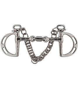 Stainless Steel Elliptical Link Uxeter Kimberwick Bit with slotted D-rings, curb chain, and 12mm mouth for control and comfort.