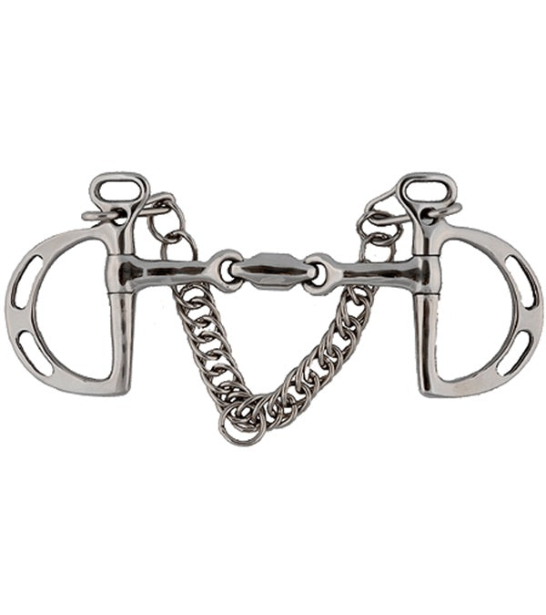 Stainless Steel Elliptical Link Uxeter Kimberwick Bit with slotted D-rings, curb chain, and 12mm mouth for control and comfort.