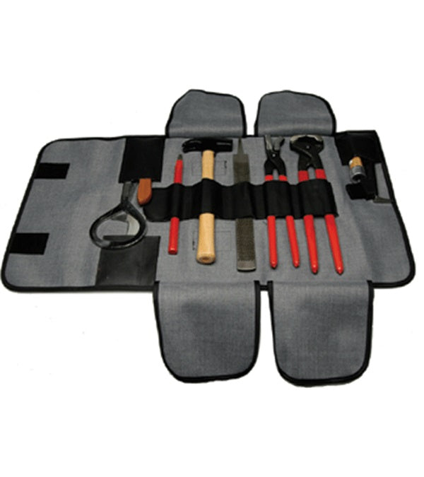 Farrier Kit with essential hoof care tools, easy-access pockets, and secure Velcro® binding for compact storage.