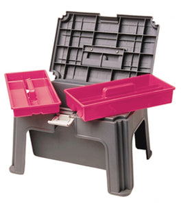 Grooming Stool with Storage Box featuring two pull-out trays, durable design, supports 300 lbs., ideal for barns and stables.