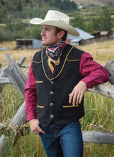 Load image into Gallery viewer, Close-up of the Marshall Wool Vest, featuring 24 oz Australian wool, leather trim on yoke and lapel, stylish buttons.