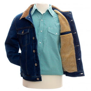 A heavy-duty Denim Coat with quilted sleeves, fleece lining, and a corduroy collar for timeless style.