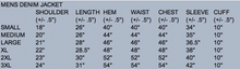 Load image into Gallery viewer, Sizing chart for the Men&#39;s Demin Coat, displaying measurements for a perfect fit in various sizes