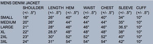 Sizing chart for the Men's Demin Coat, displaying measurements for a perfect fit in various sizes