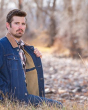 Load image into Gallery viewer, Classic Denim Coat with fleece lining, quilted sleeves, corduroy collar, and buttoned chest pockets.