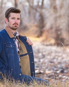 Classic Denim Coat with fleece lining, quilted sleeves, corduroy collar, and buttoned chest pockets.