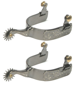 Midnight Blue Silver Steel Rock Grinder Roping Spurs with engraved trim, 18-point blued steel rowel, and brass buttons.