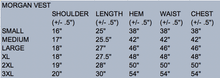 Load image into Gallery viewer, Sizing chart for Morgan Vest showing chest, waist, and length measurements for accurate fit and sizing guidance.