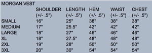 Sizing chart for Morgan Vest showing chest, waist, and length measurements for accurate fit and sizing guidance.