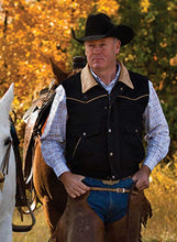 Load image into Gallery viewer, Nevada wool vest in black with water-resistant Australian wool, lambskin collar, western yoke, and satin lining.