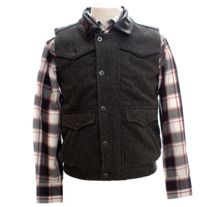 Nevada wool vest in black, made with Australian wool, lambskin collar, western yoke, and satin lining.