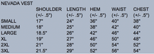 Load image into Gallery viewer, Size chart for Nevada Wool Vest with chest, waist, length, and shoulder measurements for the perfect fit.