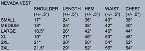 Size chart for Nevada Wool Vest with chest, waist, length, and shoulder measurements for the perfect fit.