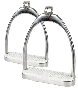 Offset Eye Stirrups with a unique design for better foot positioning, reduced twisting, and easier stirrup recovery.