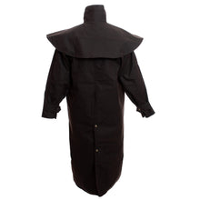 Load image into Gallery viewer, The Oilskin Riding Duster is a water-resistant coat with wool lining, double wool-lined waist pockets, and adjustable sleeves for a customizable fit.