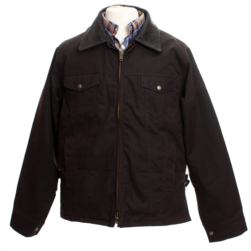 Stylish Oilskin Concealed Carry Jacket featuring water-resistant waxed canvas, leather collar, and hidden holsters.