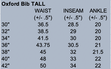 Load image into Gallery viewer, Sizing chart for Oxford Bib Overalls, featuring adjustable straps, multiple pockets, and waterproof nylon for the perfect fit.