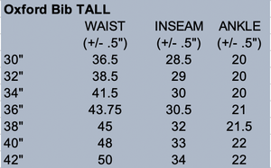 Sizing chart for Oxford Bib Overalls, featuring adjustable straps, multiple pockets, and waterproof nylon for the perfect fit.