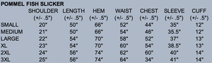 Sizing chart for the Pommel Fish Slicker, featuring waterproof muslin, sealed stitching, and calf-length hem for a perfect fit and outdoor protection.