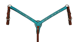 Pony Straight Breast Collar in Toast Leather with Turquoise Marble, Swarovski Crystals & SS Spots – Stylish, durable, and secure for riding. 