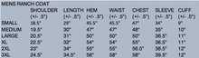 Load image into Gallery viewer, Sizing chart for the Ranch Canvas Coat, with measurements for chest, waist, length, and sleeve for a perfect fit.