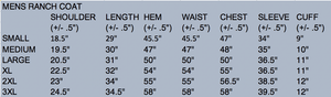 Sizing chart for the Ranch Canvas Coat, with measurements for chest, waist, length, and sleeve for a perfect fit.