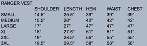 Sizing chart for Ranger Concealed Carry Wool Vest, detailing measurements for a perfect fit and comfortable wear.