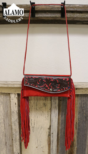 Red Fringe Handbag With Red Floral Tooling