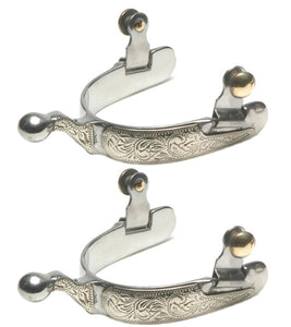 Stainless Steel Engraved Show Spurs with German silver trim, 3/4" band, 1-1/2" shank, brass buttons, and knob end for precision and style.