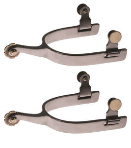 Stainless Steel Roping Spurs with 1/2" band, 1-7/8" shank, 3/4" 6-point brass rowel, and brass buttons for precision and durability.